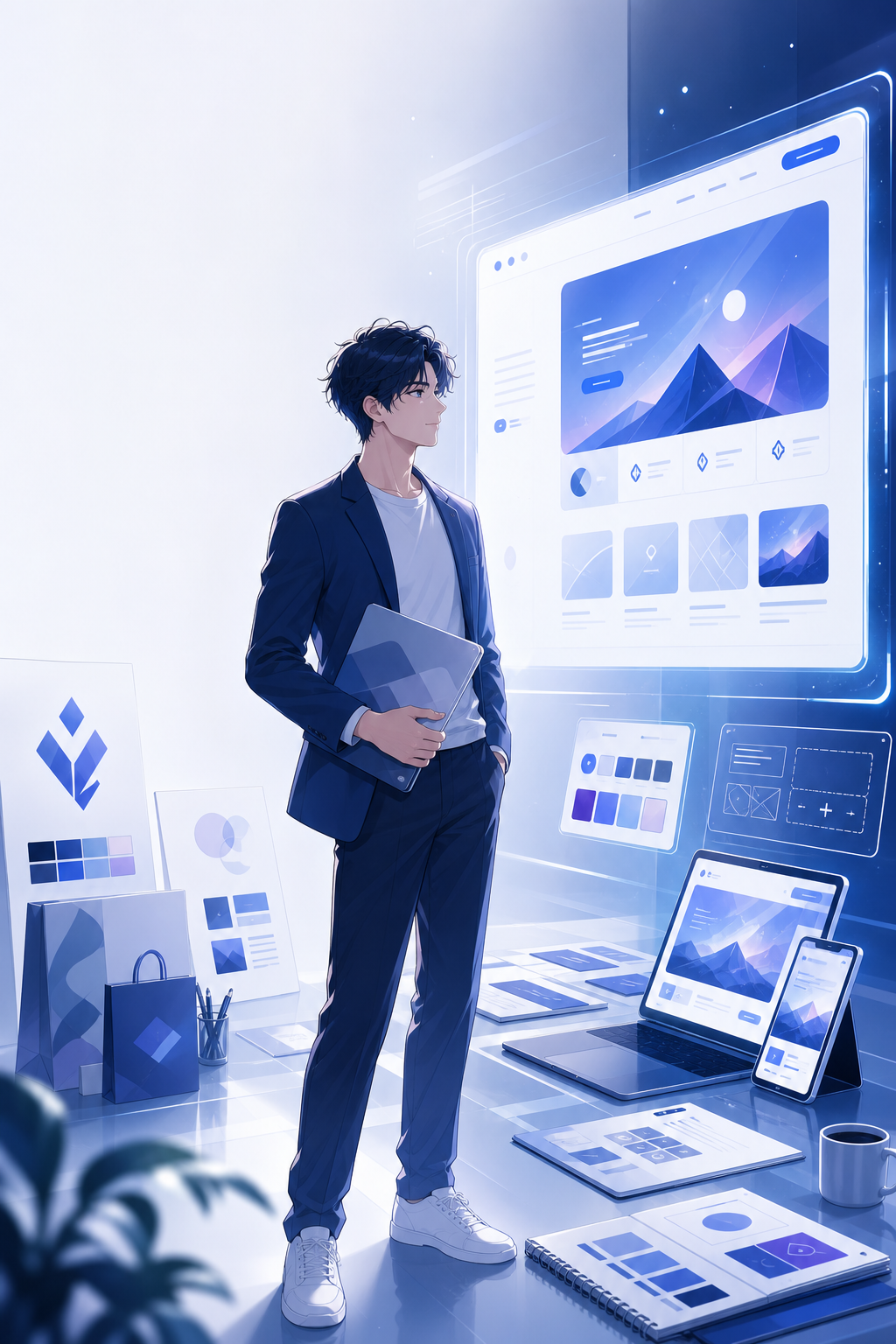 Anime professional man with brand identity assets preparing to build a website