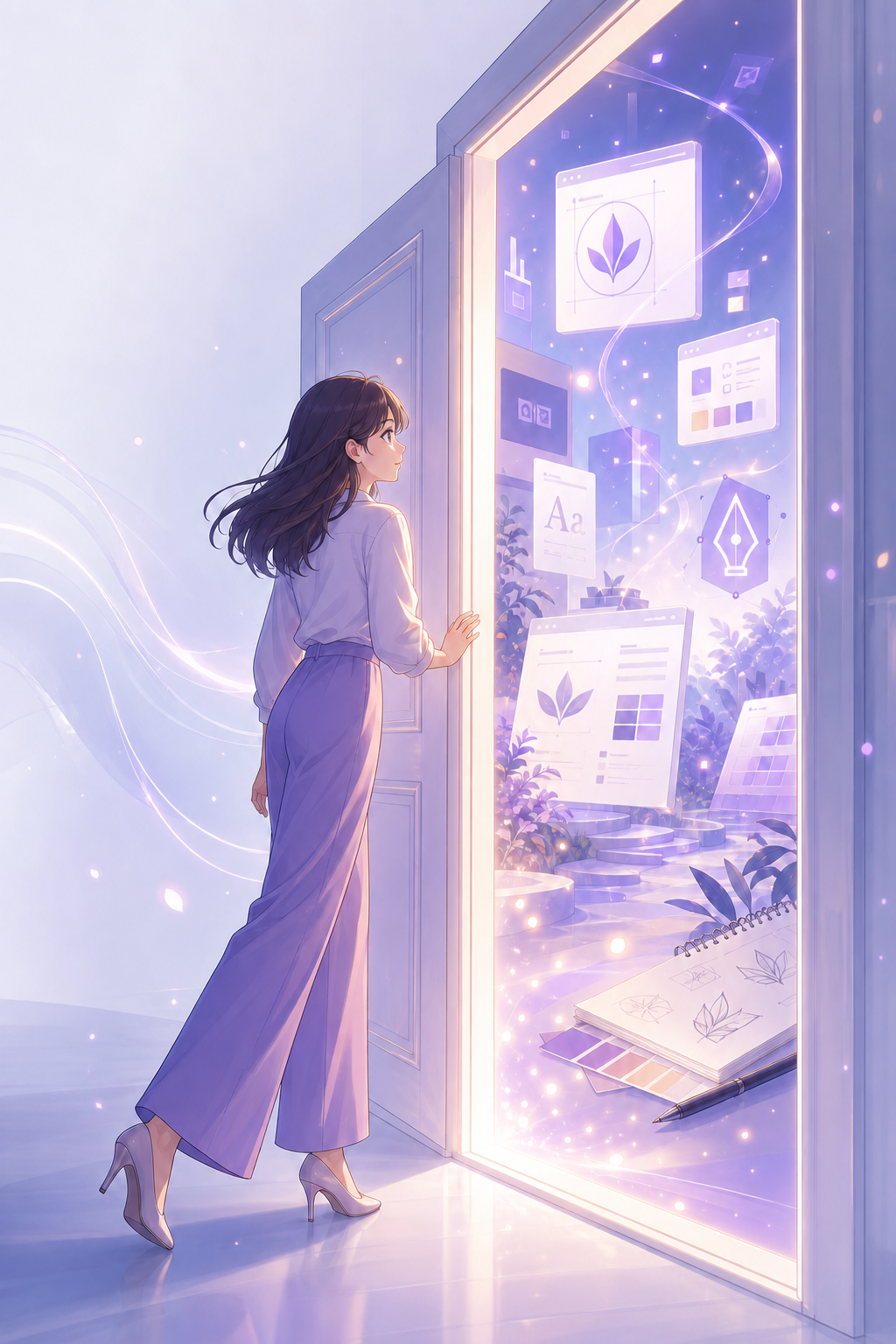 Anime professional woman opening a door to a complete branding world