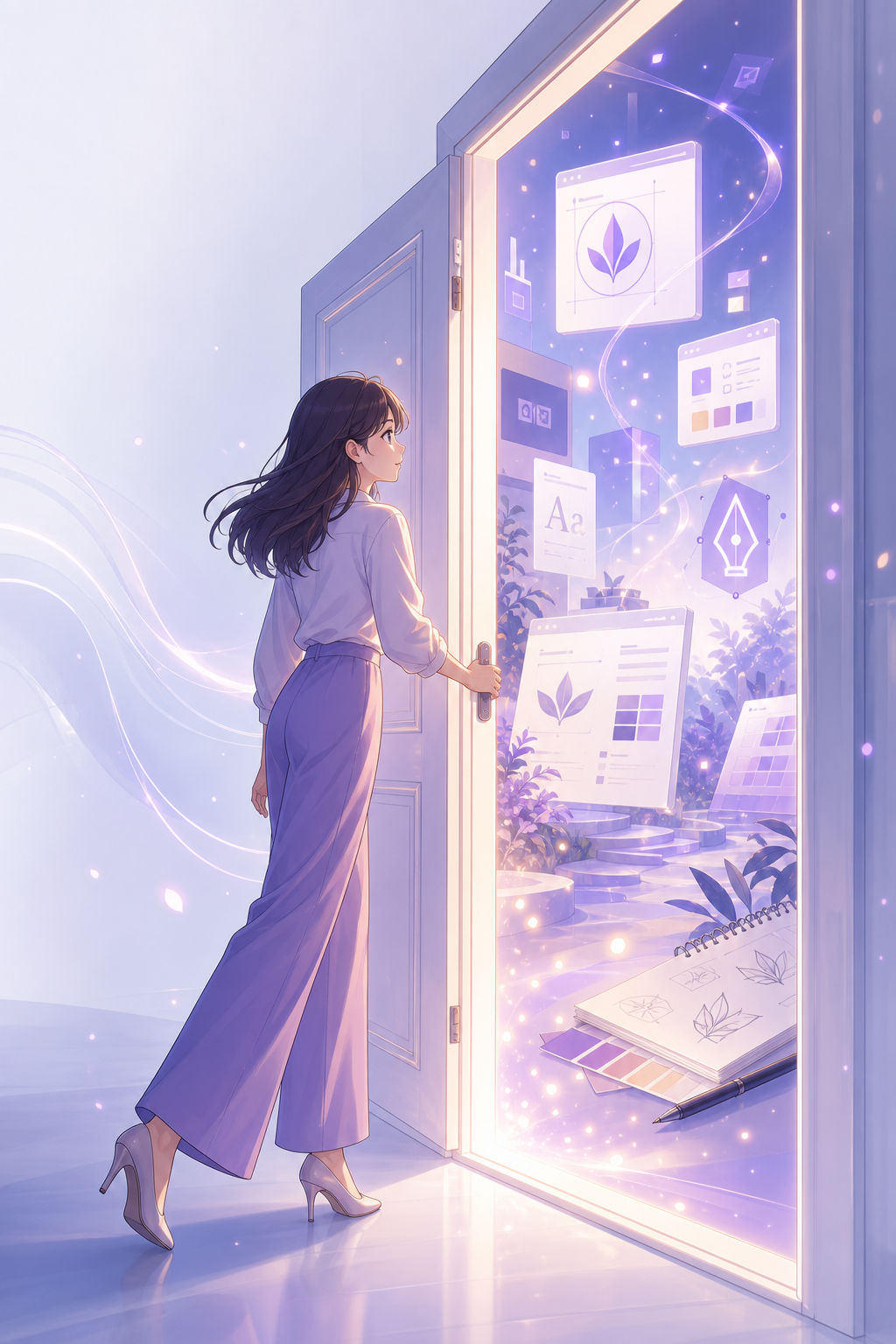 Anime professional woman opening a door to a complete branding world